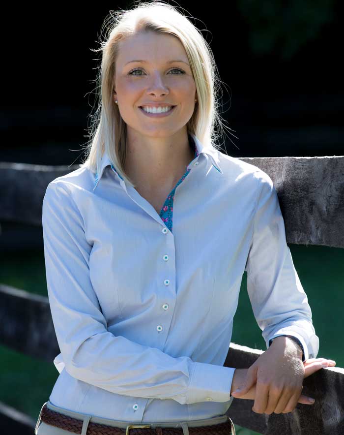 Emily in a white Dora fashion shirt